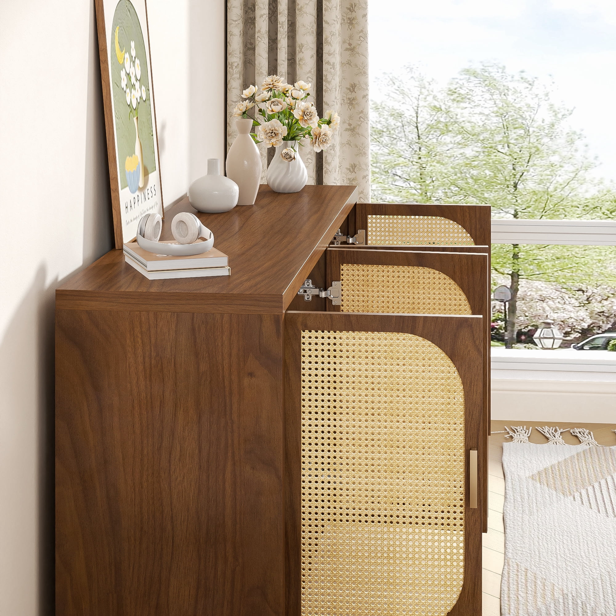 Sideboard Cabinet with 4doors, Buffet Cabinet, Rattan Cabinets with Storage, for Kitchen Living Room, Walnut
