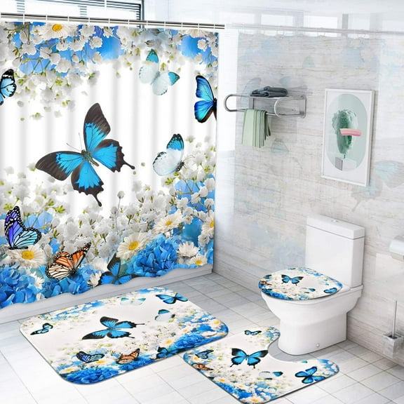 4 Pcs Flower Butterfly Shower Curtain Set with Non-Slip Rug, Toilet Lid Cover and Mat, Colorful Floral Shower Curtain with 12 Hooks, Waterproof Fabric Bath Curtain for Bathroom, Blue