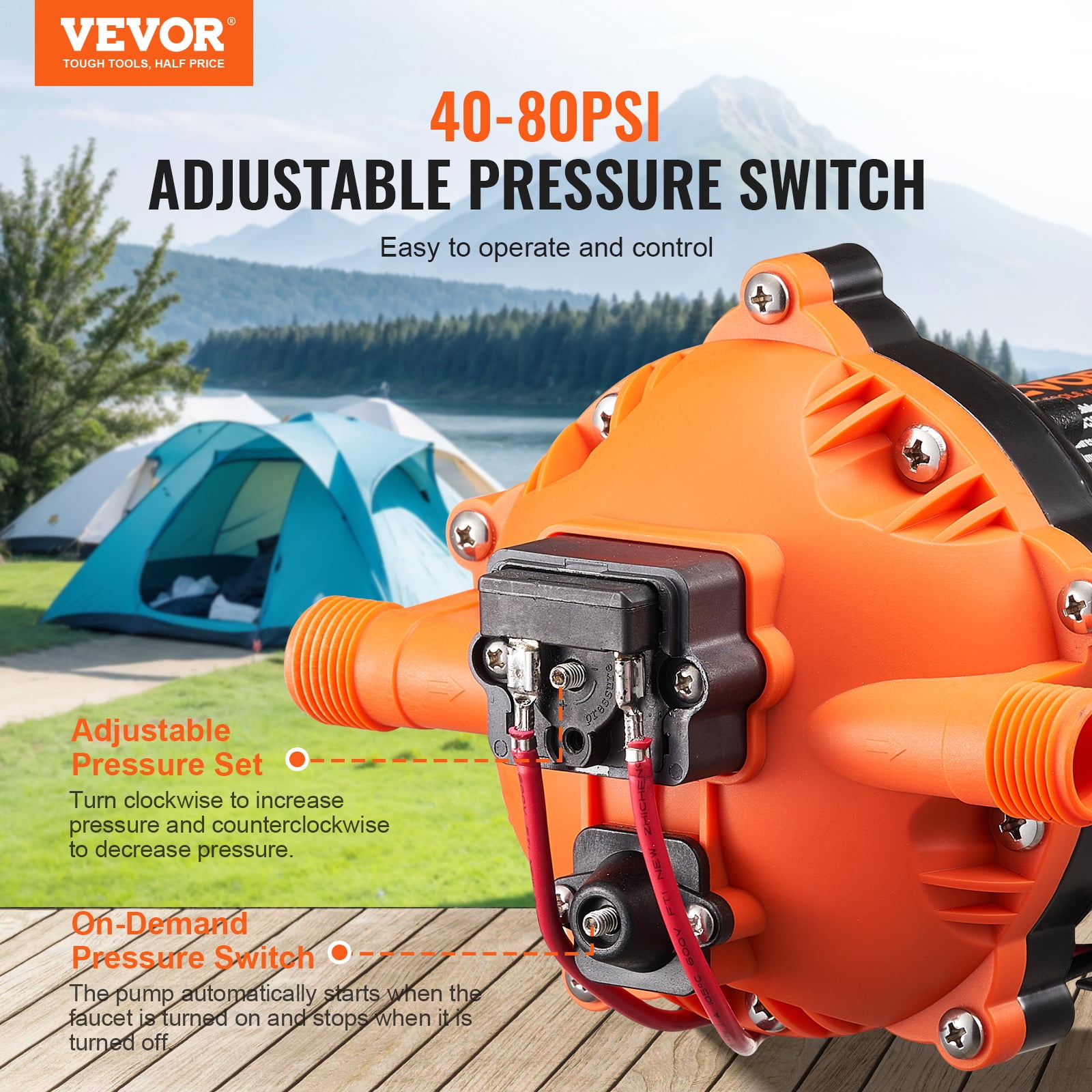 VEVOR 12V Diaphragm Pump, 5 GPM (18.93 L/min), 5-Chamber 12V DC Water Pump with Automatic Pressure Switch 40-100 PSI Adjustable, 1/2'' MNPT Port,for Agricultural Irrigation Construction Site Drainage