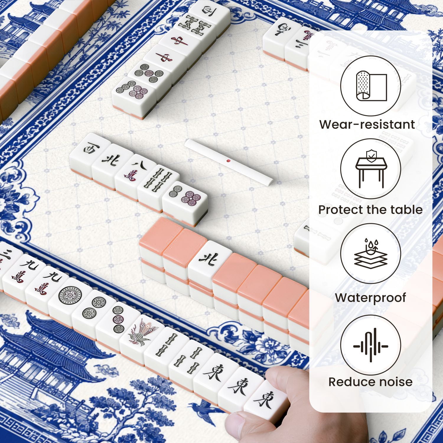 Mahjong Mat 31.5" x 31.5" Blue White Chinese Landscape Pagodas Birds Trees Floral Borders Non-Slip Noise Reduction Mahjong Tiles Table Cover for Dominoes Poker Card Board and Tile Games