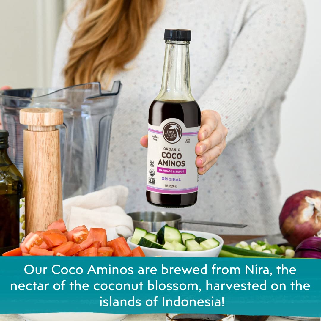 Big Tree Farms Organic AIF4&nbsp;Coco Aminos - Liquid Coconut Soy-Free Sauce, Low Sodium, Soy Alternative, Gluten Free, Kosher, Warmly Umami, Marinade & Sauce, Non-GMO - Original, 10 Fl Oz (Pack of 2)