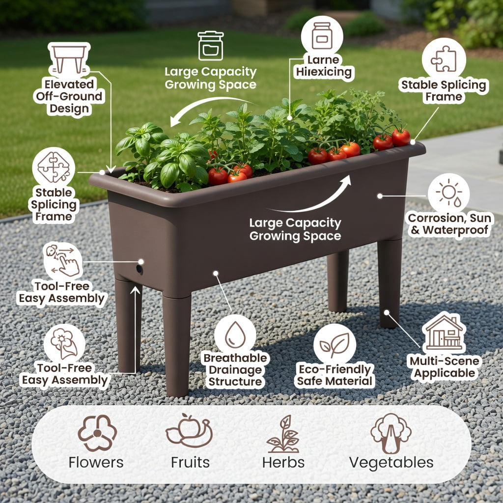 Topcobe 2 Pieces Raised Garden Beds Self-Watering Planter Box with Detachable Legs and Drainage Hole, Garden Boxes Outdoor Raised, Coffee