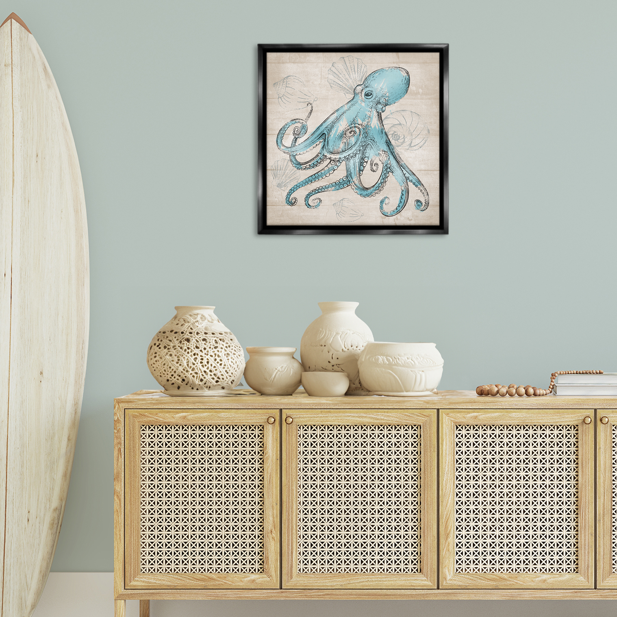 Stupell Industries Vintage Drawn Octopus Animals Painting Black Floater Framed Canvas Art Print Wall Art, 25 x 25