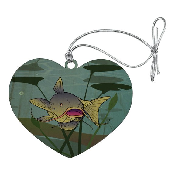 Catfish Swimming in Water Heart Love Wood Christmas Tree Holiday Ornament