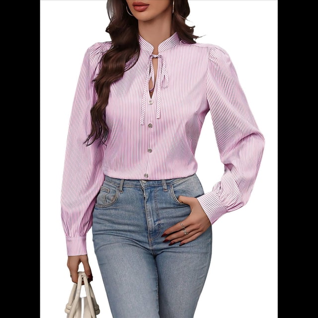 Camisas A Rayas con Botones para Mujer, Blusas Clásicas de Larga y Elegantes para Oficina y Trabajo. Rosa L