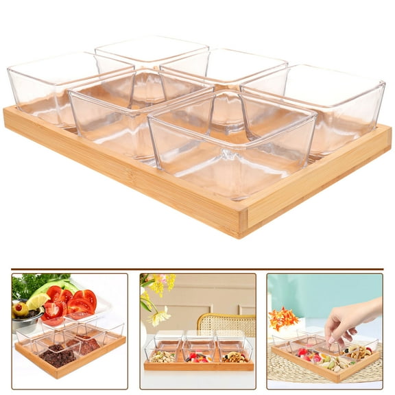 WHAMVOX 1 Set Glass Serving Dishes Snacks Plate Food Bowls with Bamboo Serving Tray