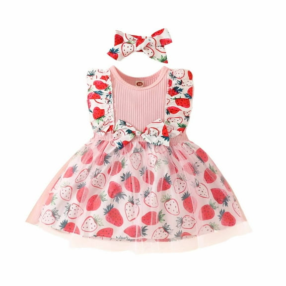 Odeerbi Girls Princess Dress with Headband Set Toddler Girls Clothes Party Tulle Tank Dress Sleeveless Dress Summer Strawberry Lace Mesh Bow Tie Dress Headband Pink 2-3 Years