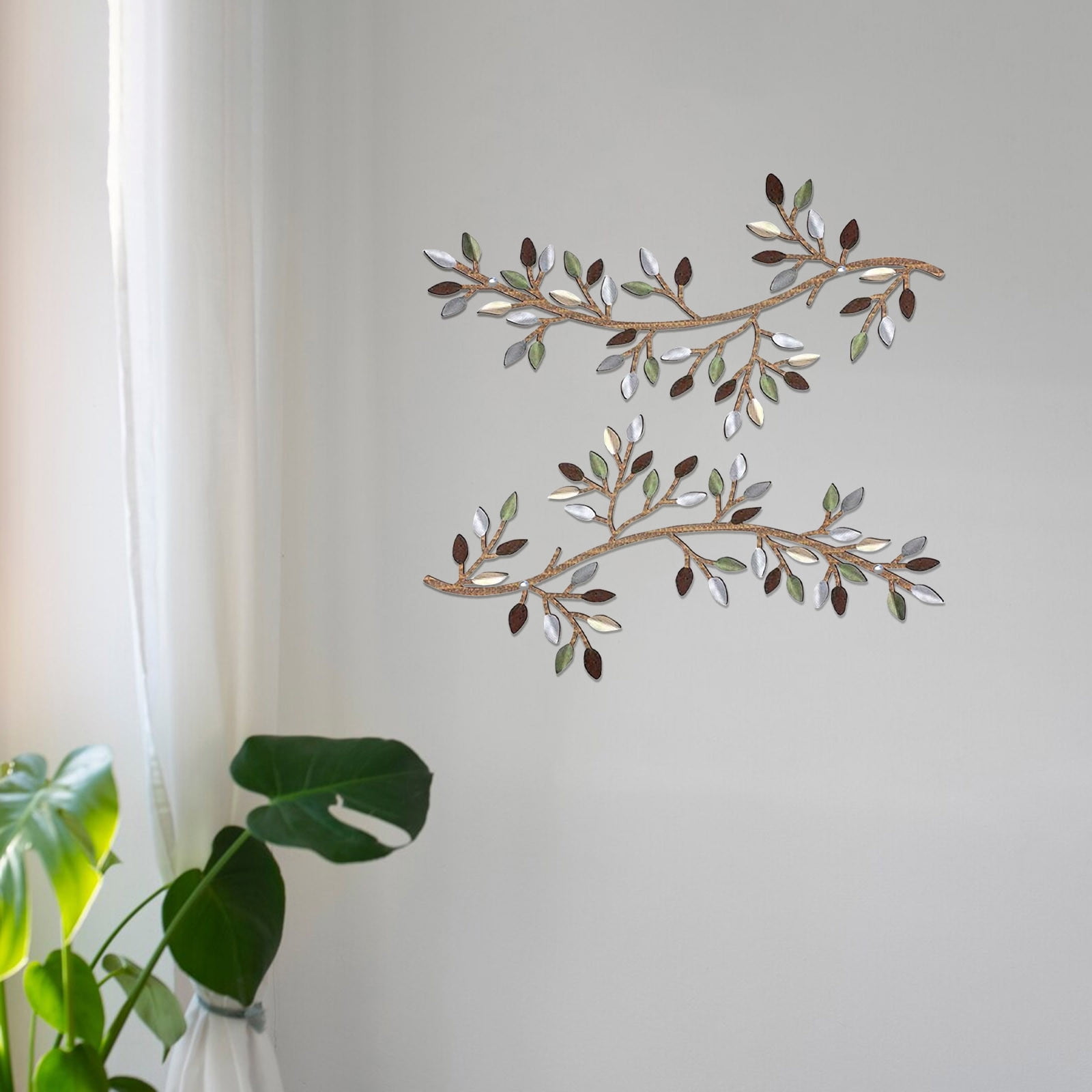 Holloyiver 2 Pieces Metal Tree Leaf Wall Decor, Vine Olive Branch Leaf Wall Art Wrought Iron Scroll Sculptures Above the Bed, Living Room, Outdoor Decoration, Silver