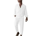 thumbnail image 3 of BiZtdJrK Mens 2 Piece Cotton Linen Outfits Long Sleeve Button Down Casual Shirts and Lounge Pants Summer Vacation Sets with Pockets White L Prime Sales of The Day, 3 of 7