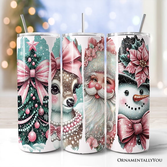 Vintage Tree, Reindeer, Santa and Snowman 20oz Tumbler With Lid and Stainless Steel Straw, Coquette Pink Christmas Gift Cup