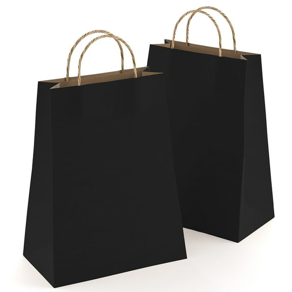 Black Kraft Paper Bags with Handles Bulk, 8 x 4.75 x 10.5 Inch. Pack of 25 Foldable Shopping Bag, 150 GSM. Kraft Paper Gift Bags with Handles. Gift Gag Bulk for Wedding favors, Valentines Day