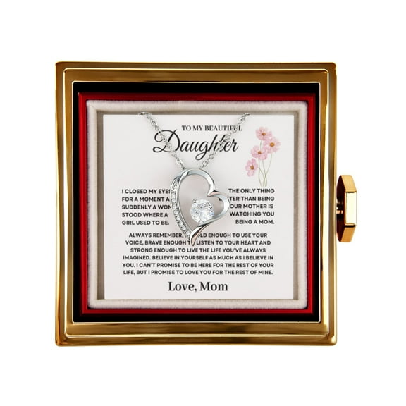 Daughter Necklace from Mom, Forever Love Pendant with Rotating Rose Box, Gift for Birthday, Valentines Day, Graduation, Christmas
