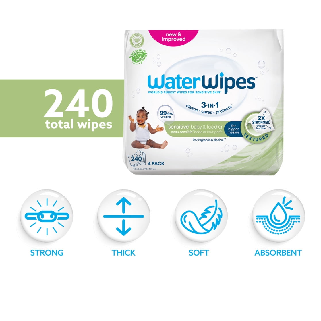 WaterWipes Sensitive Baby & Toddler Wipes, 3-In-1 Cleans, Cares, Protects, 99.9% Water, Textured Clean, Unscented & Hypoallergenic, 4 Packs (240 Wipes)