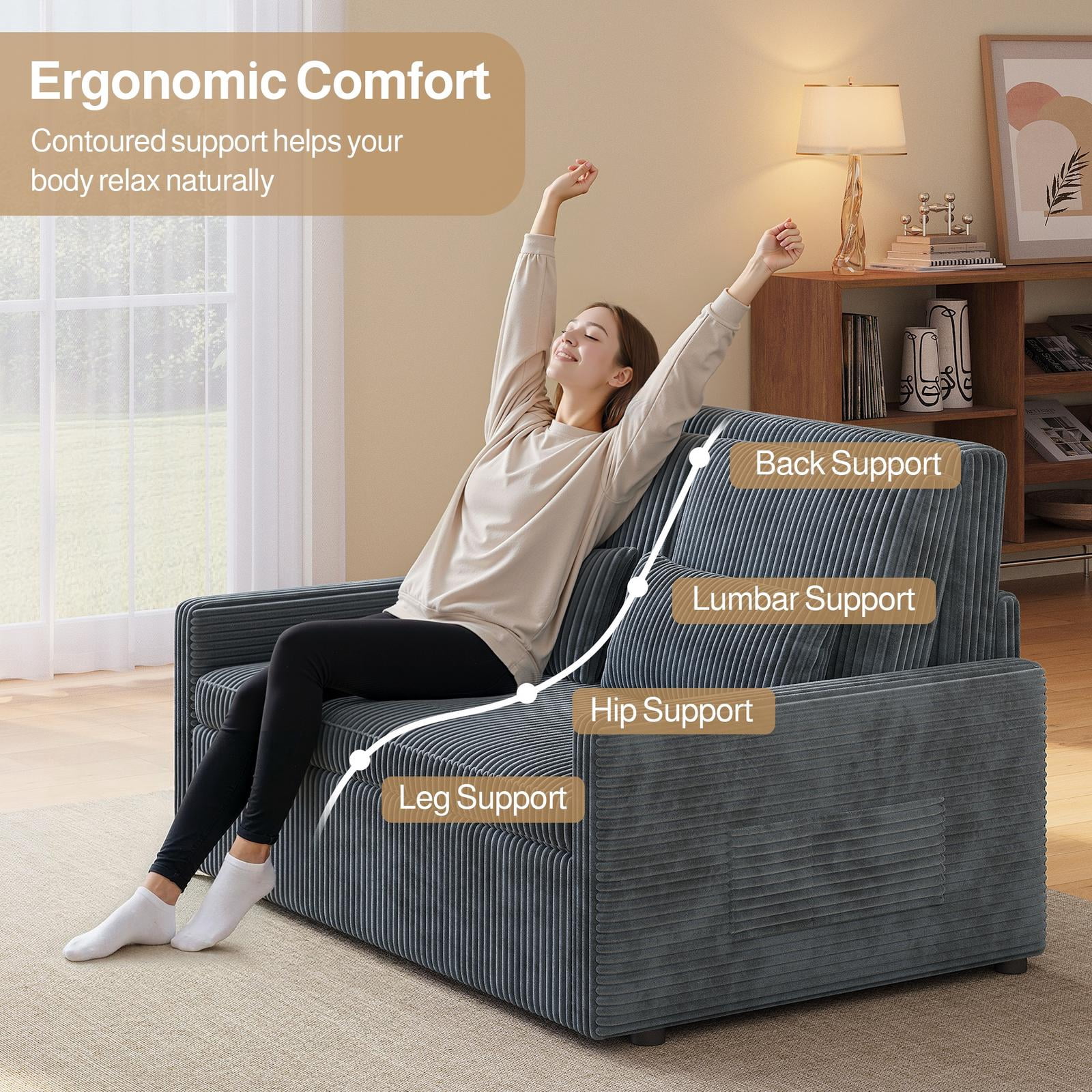 Noelse 3 in 1 Convertible Sofa Bed, Pull Out Sleeper Sofa Chair with Corduroy Upholstery, Space-Saving Loveseat Sleeper Bed for Living Room, Bedroom, Apartment, Dark Gray