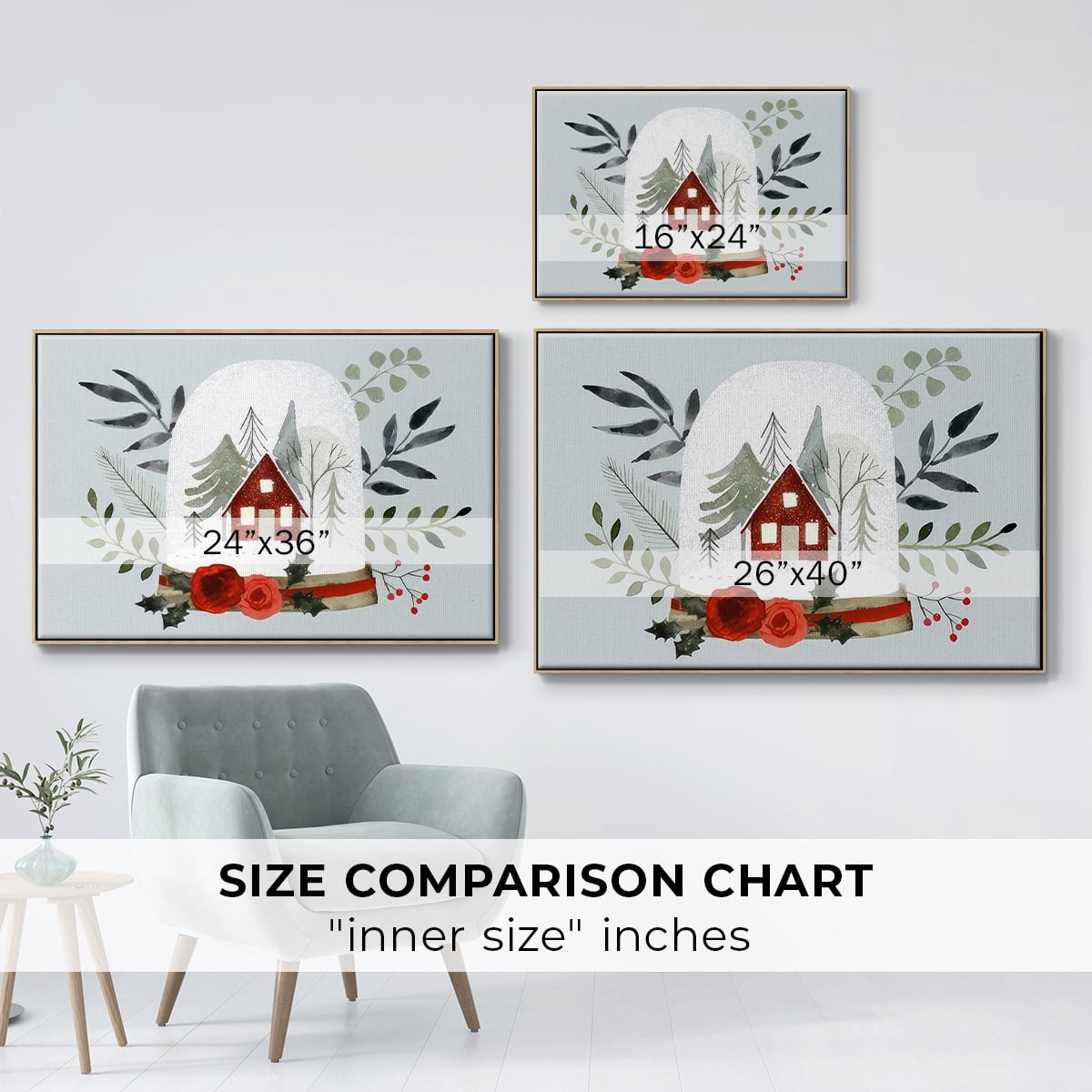 Snow Globe Village Collection A - Framed Gallery Wrapped Holiday Canvas - 25 x 37 - Natural Wood Frame