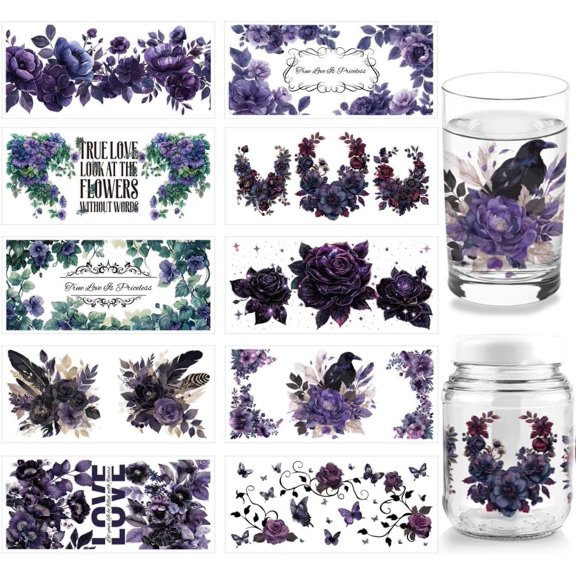 10 Sheets Dark Plants UV DTF Cup Wrap for 16OZ Glass Rose Flower Butterfly Bird Rub on Decals True Love is Priceless Transfer Stickers for DIY Bottles Scented Tea Wood Women