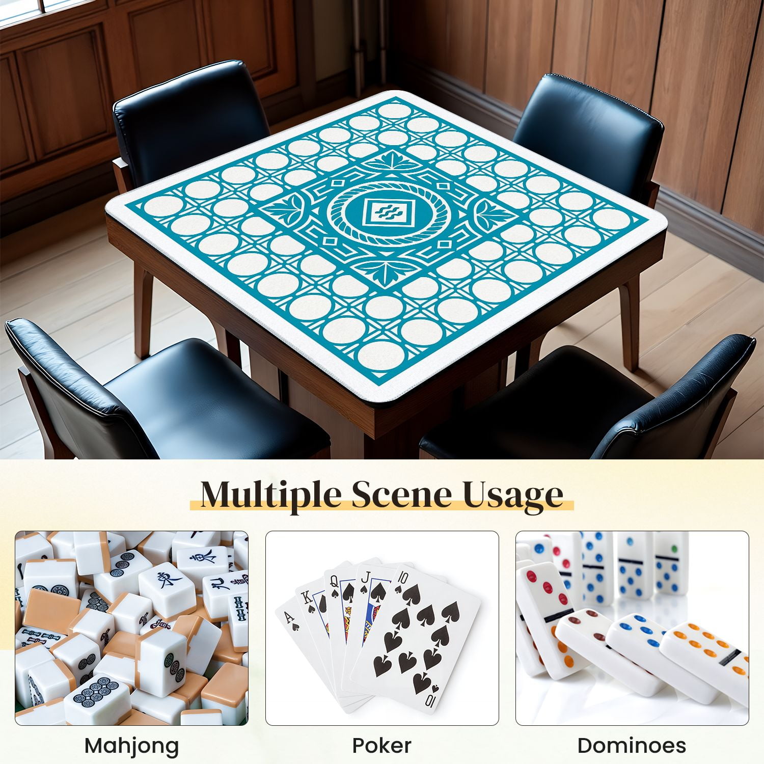 Mahjong Mat 31.5" x 31.5" Intricate Blue Geometric Rope Design Anti-Slip and Noise Reduction Symmetry Design Mahjong Tiles Table Cover for Dominoes Poker Card Board and Tile Games