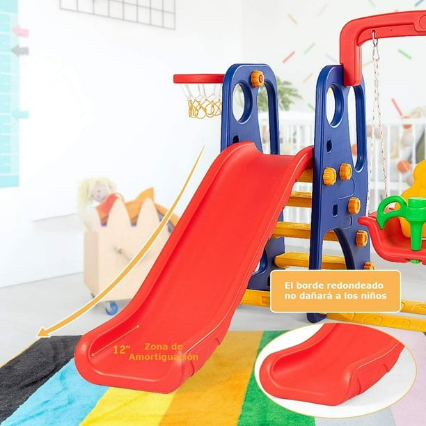 Castillo Multifuncional 5 En 1 Para Jardín – Trampolín, Tobogán, Columpio Doble Y Canasta De Baloncesto Con Red De Seguridad