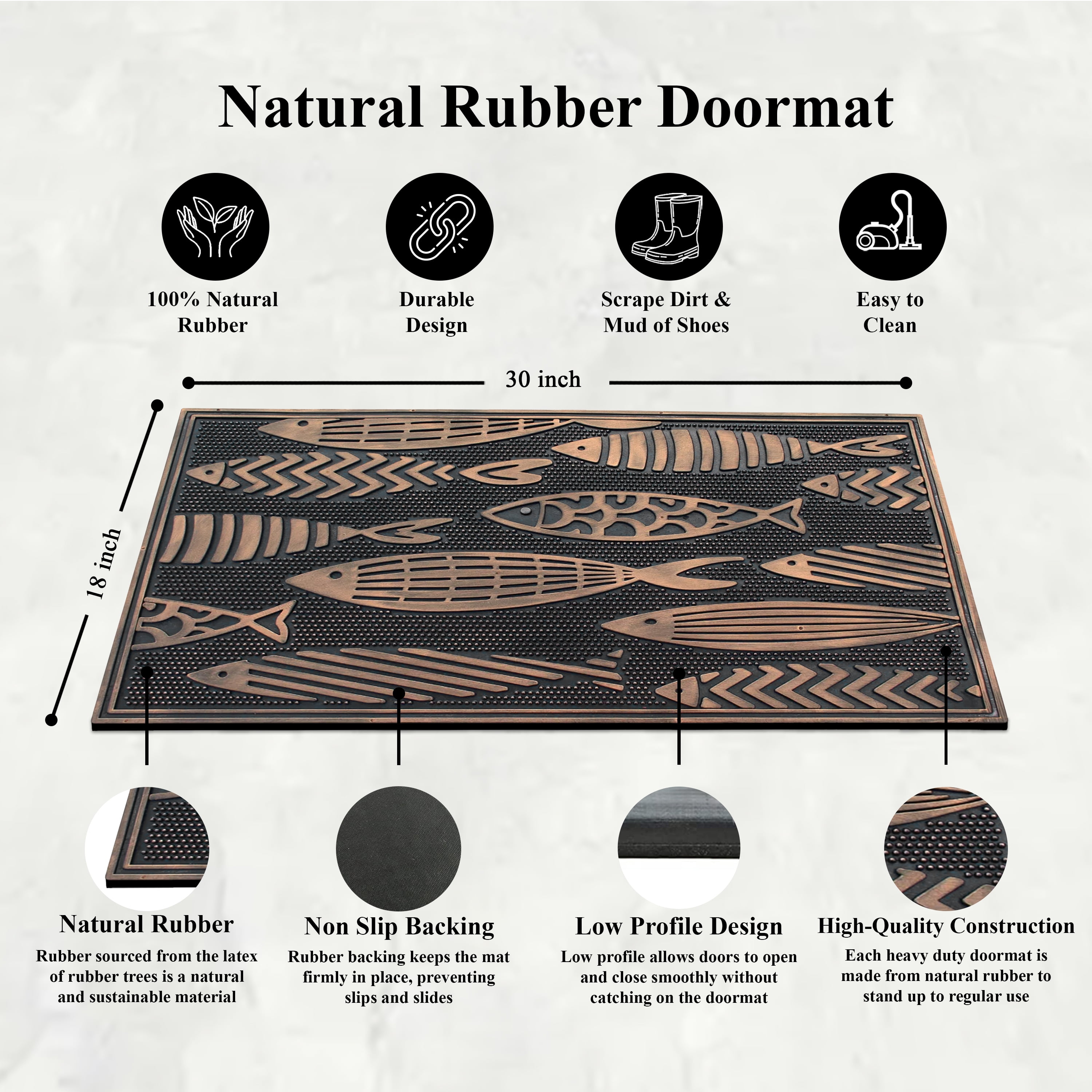 A1HC Rubber Pin Doormat for Outdoor Entrance, Nautical Fish Designed Welcome Front Door Mat, Non-Slip Backing Mat for Outside, 18x30
