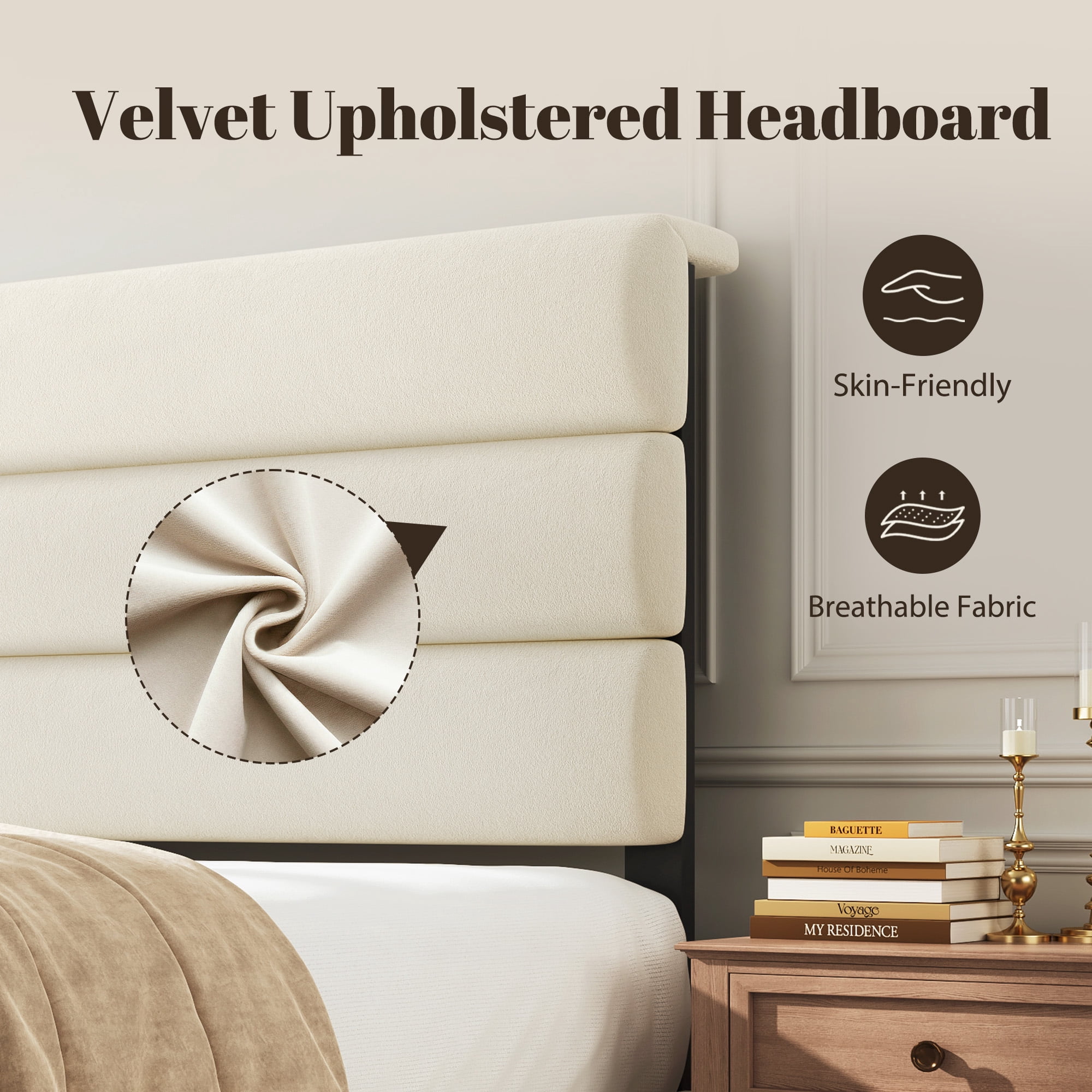 Bolvdo Queen Bed Frame with Velvet Upholstered Headboard, Metal Support, No Box Spring Needed, Noise Free, Easy Assembly, Beige