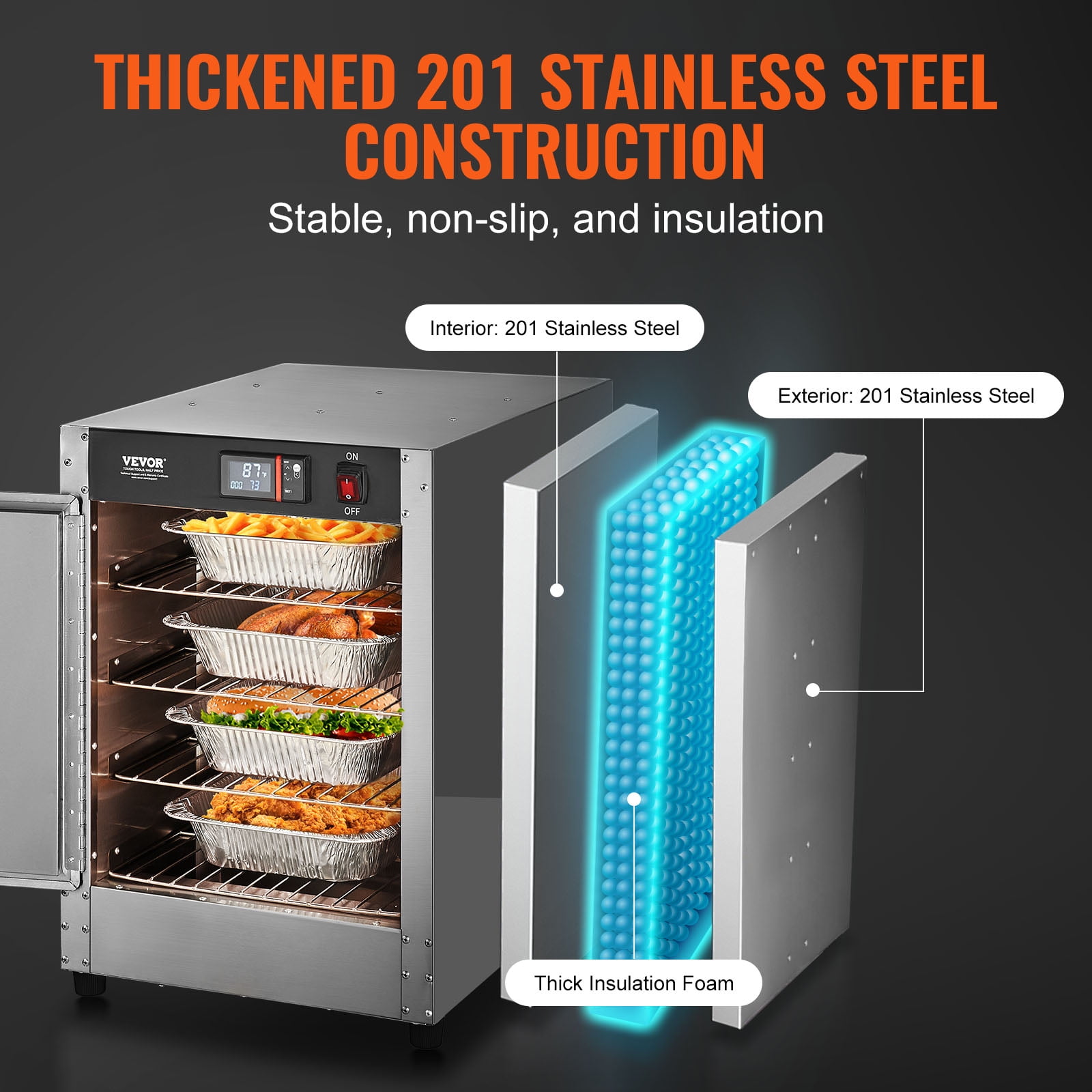 VEVOR Hot Box Food Warmer, 4-Tier Concession Warmer with Water Tray, 4 Pans, Single-door and Adjustable Shelves, Stainless Steel Food Warmer Cabinet, Ideal for Storing Pizza, Chicken, Restaurant