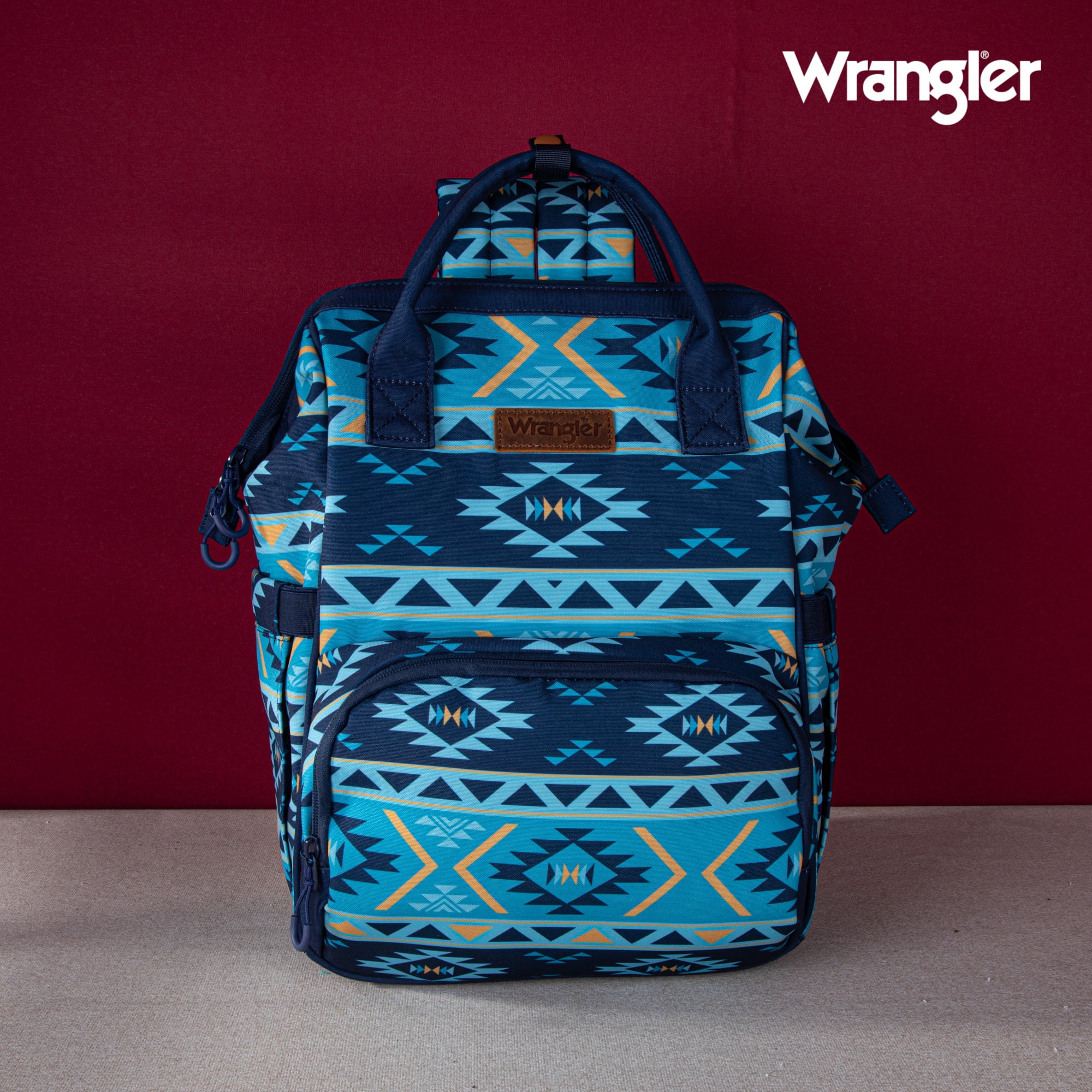 Wrangler Aztec Travel Backpack Baby Bag for Women with Stroller Strap and Side Bottle Pockets Organized Diaper Bag, Navy