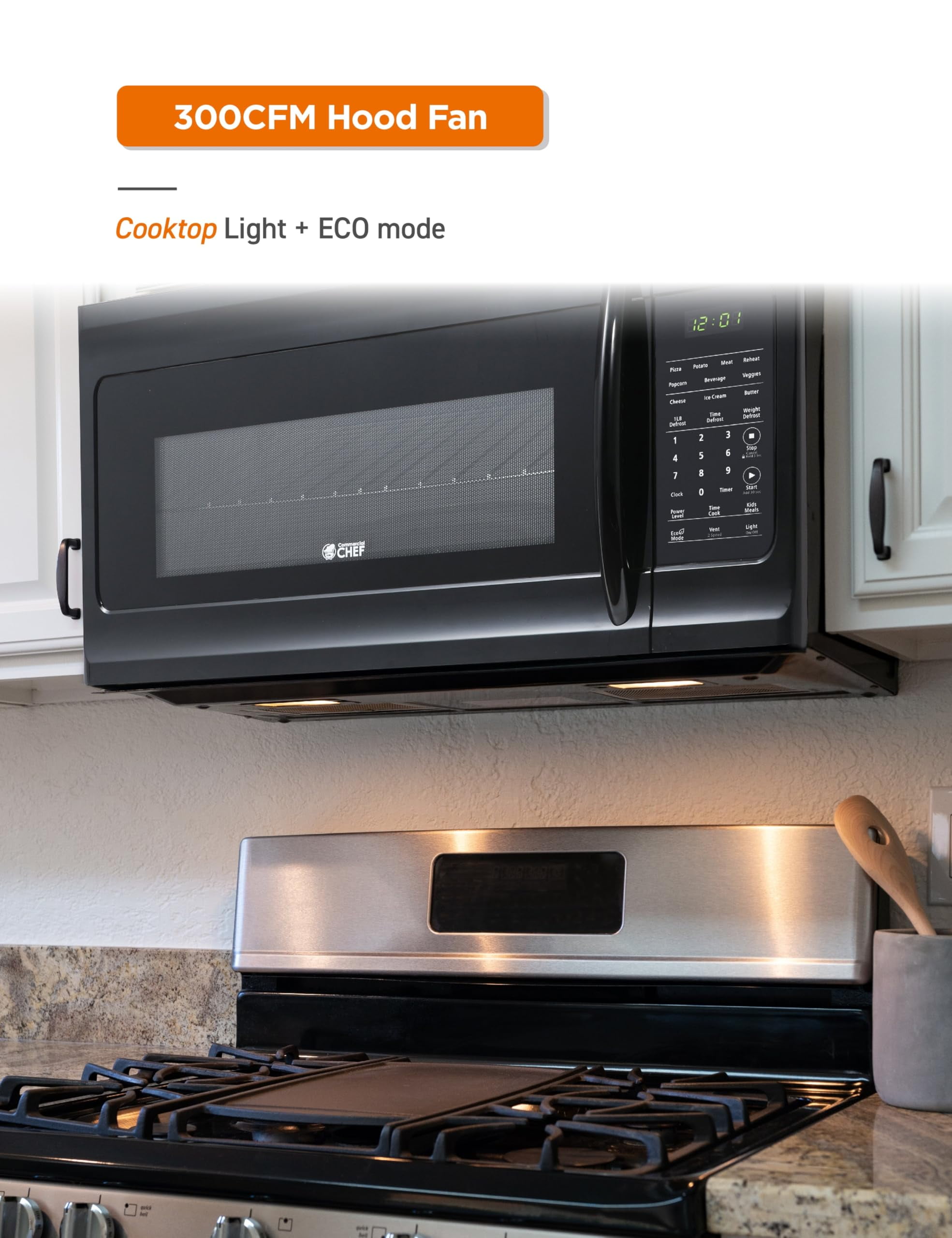 Commercial Chef 1.7 Cu. Ft. Over-The-Range Microwave Oven, 1000 Watt Microwave with 10 Power Levels, 300 CFM Hidden Vent Hood Fan, Touch Controls, LED Display, 10 Preset Options, CHMR17GB, Black