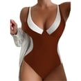 thumbnail image 2 of One Piece Swimsuit Women Color Block Swimwear with Deep V Neck High Waist Summer Beach Pool Womens Swimsuits Coffee XXL, 2 of 4