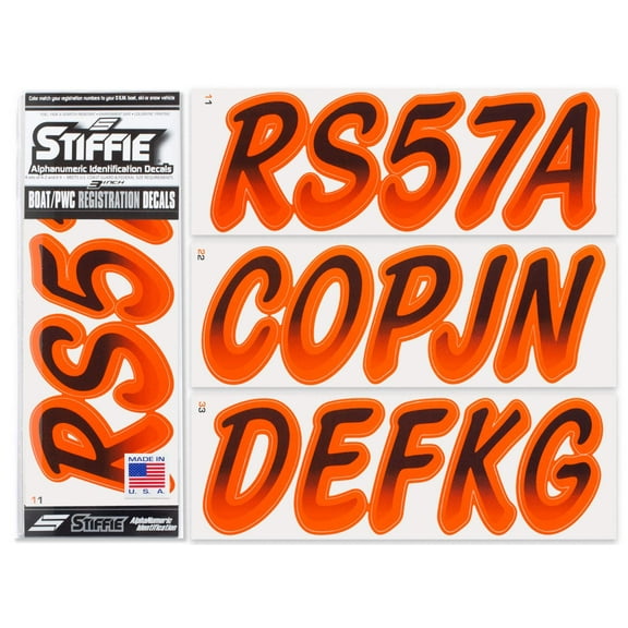 STIFFIE Whipline Black / Orange 3" Alpha-Numeric Identification Custom Kit Registration Numbers & Letters Marine Stickers Decals for Boats & Personal Watercraft PWC