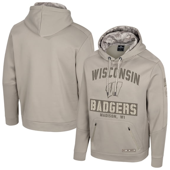 Men's Colosseum Oatmeal Wisconsin Badgers Big & Tall Operation Hat Trick Battalion Hoodie Sweatshirt
