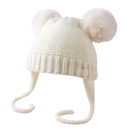 

YWDJ 0-1Years Toddler Warm Knitted Hat - Winter Kids Solid Color Double Ball Hair Ball Embroidery Kids Knitted Hat White