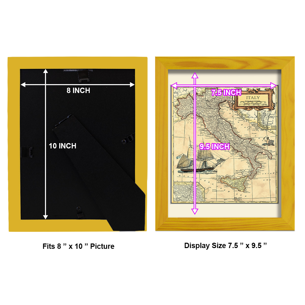 Italy Map -Framed Print w/glass-Sunflower Yellow