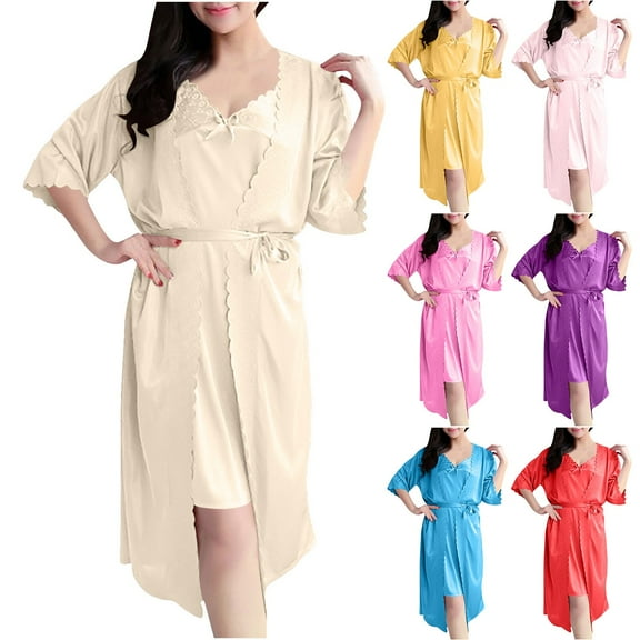 THDHVS Women's Sleepwear,Breathable Pajamas for Women Set Cozy Womens Sleepwear Soft Nightgown and Robe Set Red Free Size