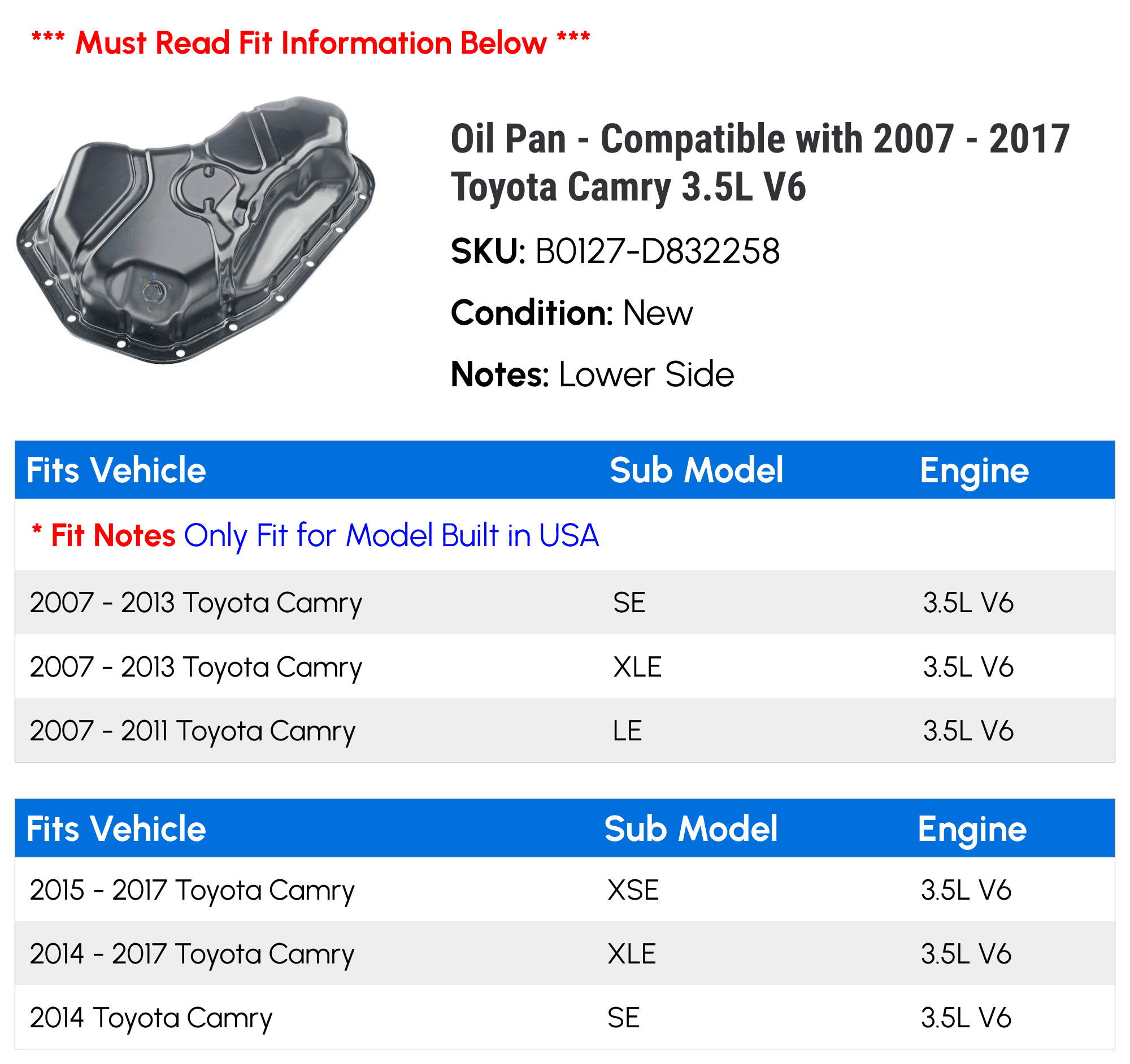 Oil Pan - Compatible with 2007 - 2017 Toyota Camry 3.5L V6 - Autopart Premium