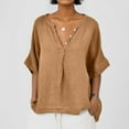 thumbnail image 2 of MIXUE Womens Summer Tops Linen Solid Color Button Down V Neck Short Sleeve Loose Casual Fashion Pullover T Shirts Holiday Wear,Yellow,XXXL, 2 of 5