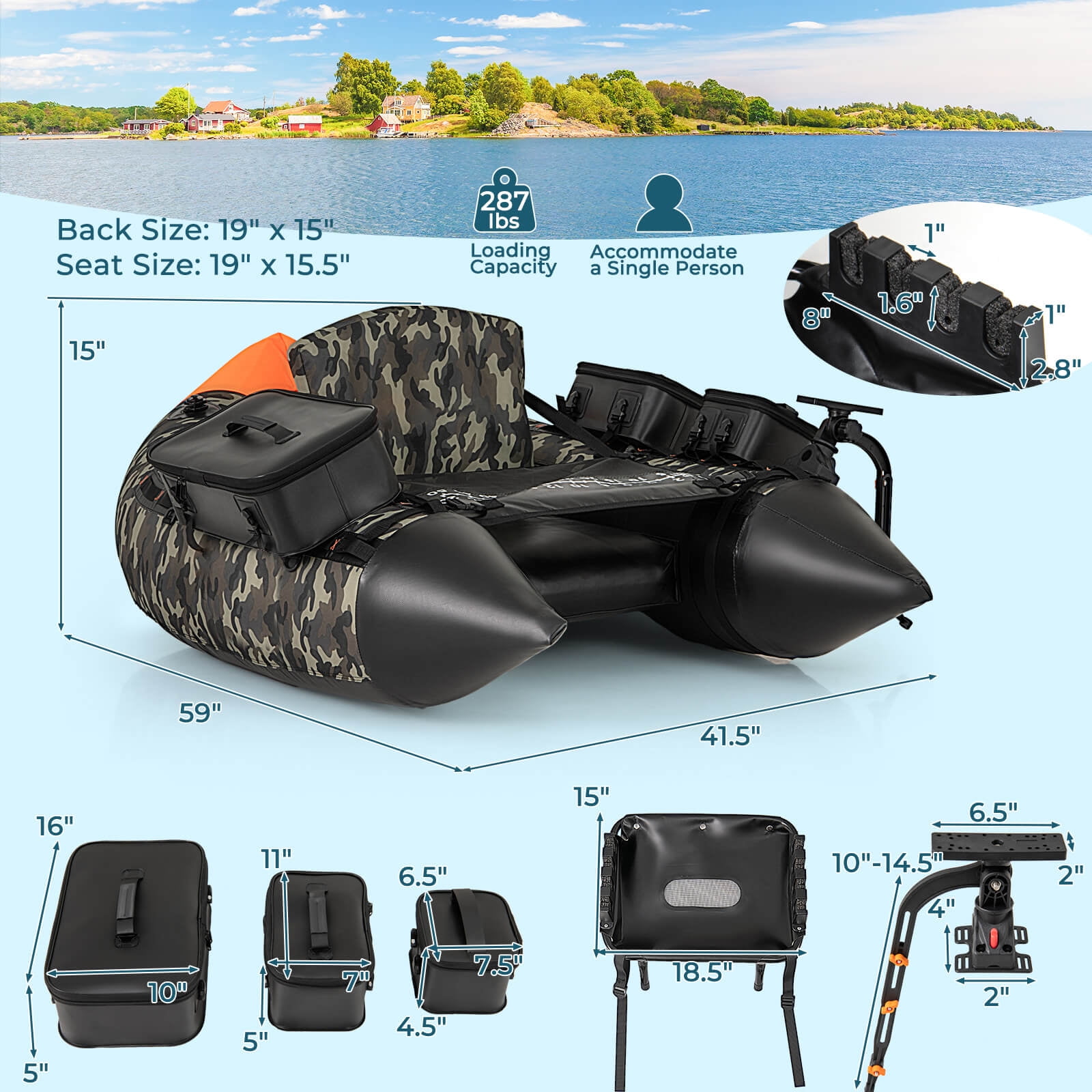 Costway Inflatable Fishing Float Tube Portable Fishing Boat with 3 Detachable Storage Boxes Camouflage