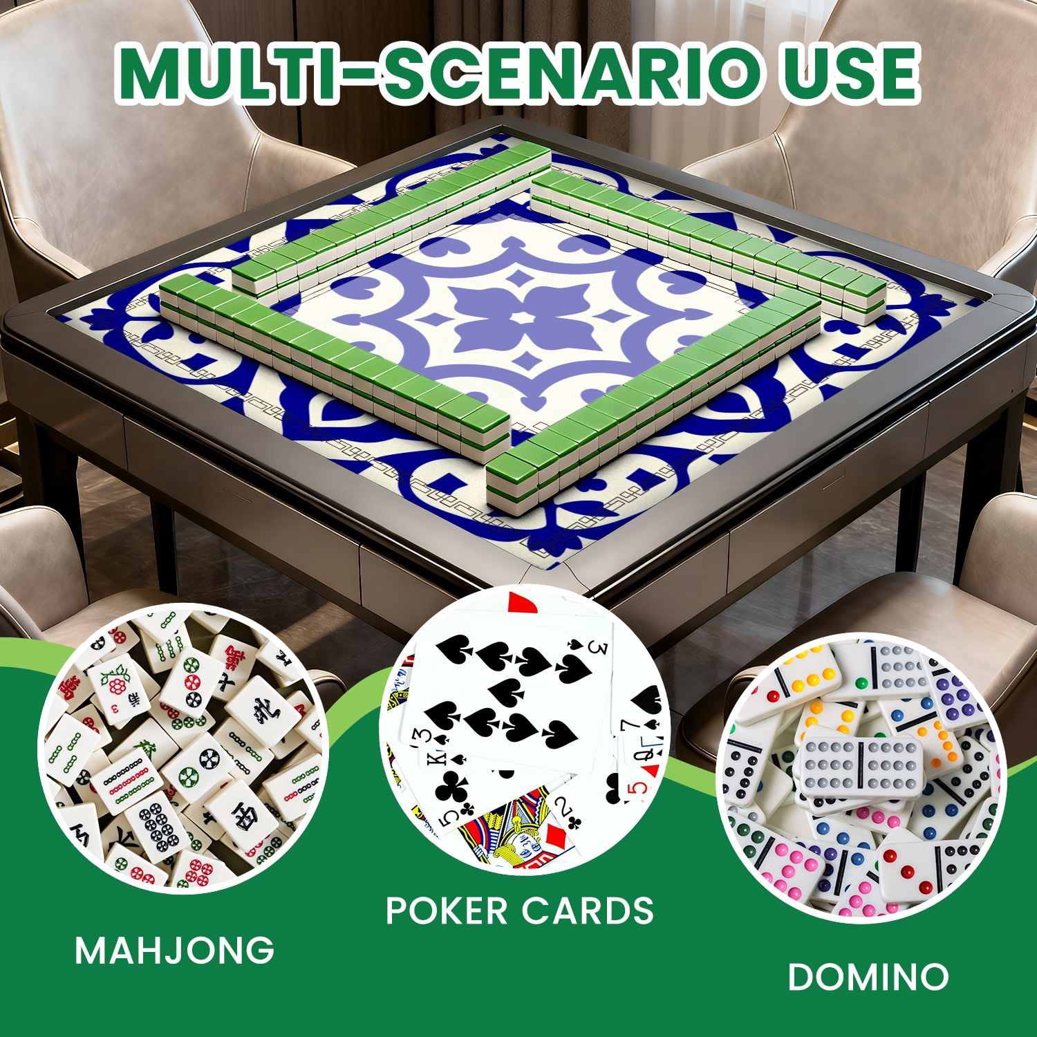 Mahjong Mat 31.5" x 31.5" Blue White Ornamental Tile Symmetrical Floral Heart Motifs Non-Slip Noise Reduction American Mahjong Tiles Table Cover for Dominoes Poker Card Board Games Gift