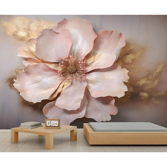 Pink Floral Wall Mural, 3D Peony Floral Murals For Living Room, Luxury Marble Large Wallpaper, Flower Pattern Hd Photo, Peony Home Decor & Gift 110"W x 79"H (Not Peel and Stick)