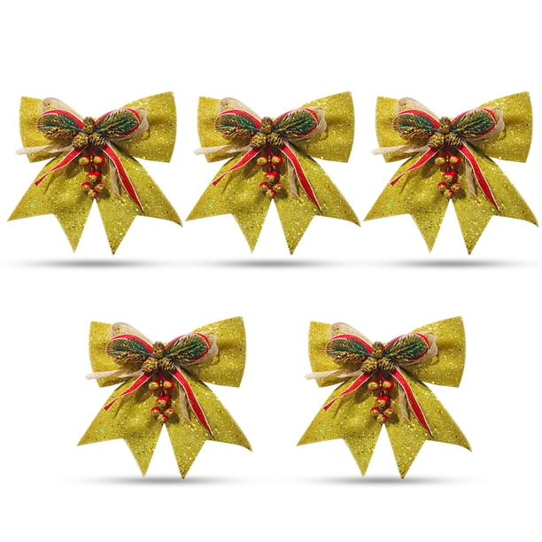 Adorno de lazo de Navidad con purpurina, conos de lentejuelas brillantes, corbata de hojas, decoración artística para fiestas, decoración de puertas al aire libre, 5 piezas doradas Advancent HA009474-02