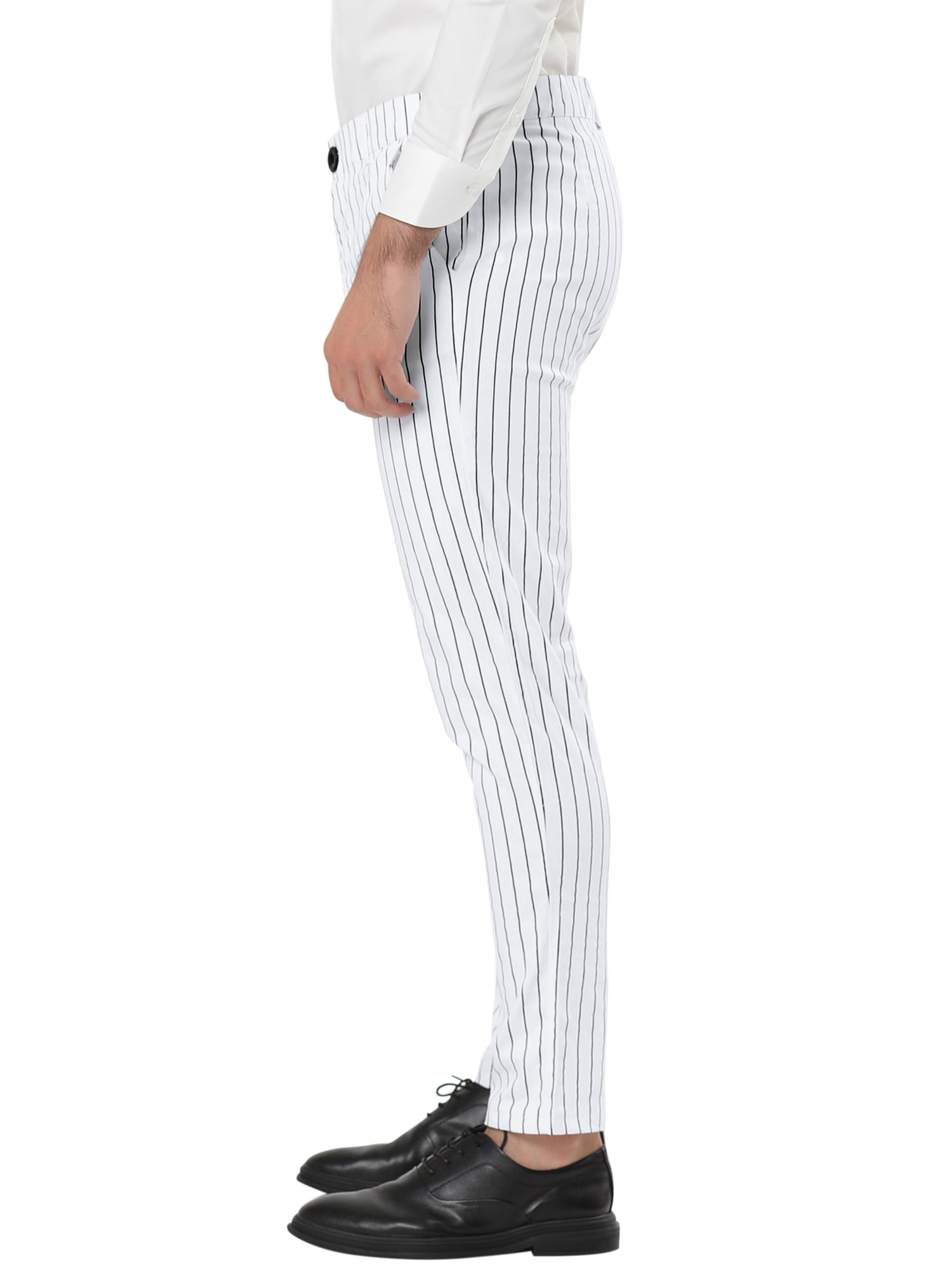 Unique Bargains Men's Striped Pants Slim Fit Flat Front Business Dress Trousers 38 White