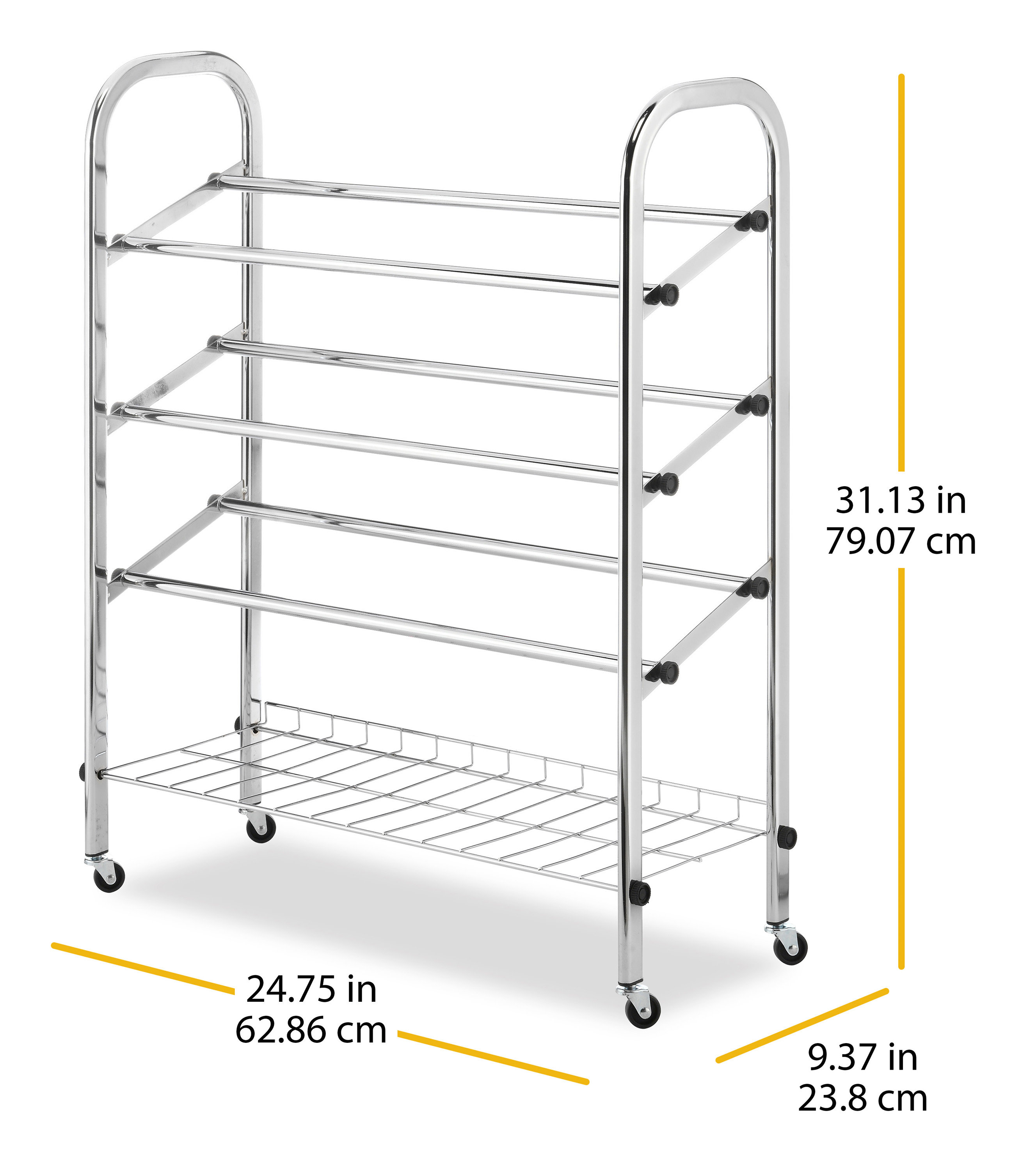 Whitmor Adjustable 4 Tier Rolling Shoe Rack Chrome 9 375 X 24 75 X 31 13 Walmart Com Walmart Com