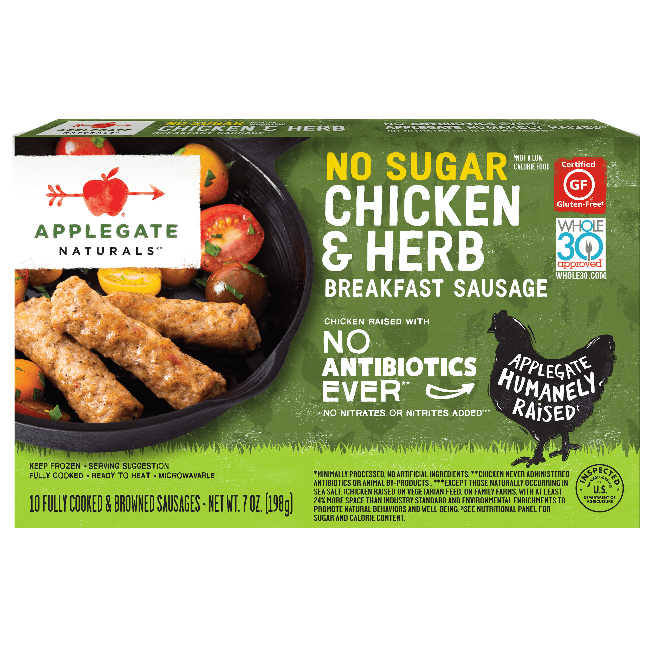 Applegate Natural No Sugar Chicken and Herb Breakfast Sausage, 7oz, 10 CT Box (Frozen)