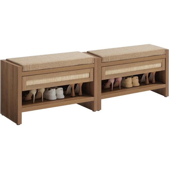 Rattan Shoe Bench Entryway Bench with Storage Drawer and Linen Seat Cushion, Farmhouse Boho Shoe Rack with Shelf, Wooden Storage Bench for Entryway Hallway and Bedroom
