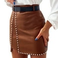 thumbnail image 1 of Gibobby faldas aesthetic para mujer, minifalda de cintura alta con decoración tachonada, minifalda de PU con corte en A, ropa de calle(Marrón, XL), 1 of 5