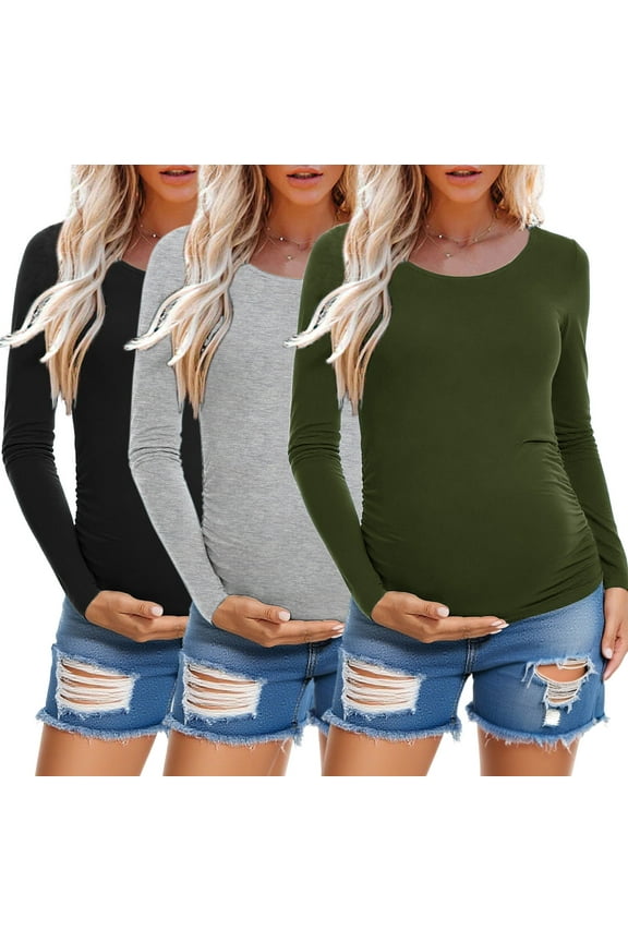 Long Sleeve Pregnancy Shirts Tops Maternity Clothes for Women 3-Pack