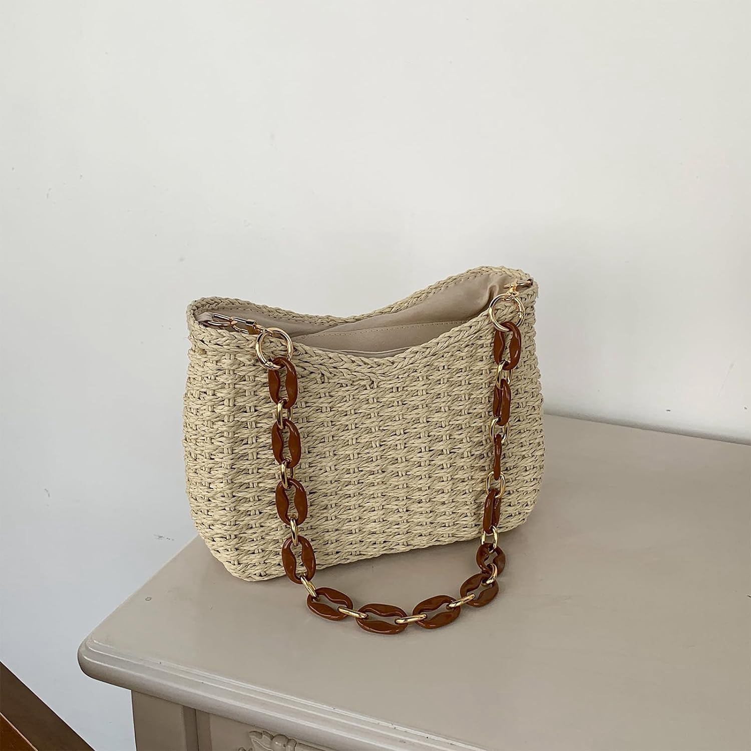 LinYooLi Straw Beach Bag, Summer Straw Bags for Women Trendy Straw Purses and Handbags Shoulder Tote Bag for Vacation