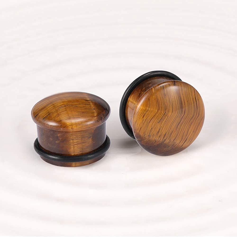Tiger Eye Natural Stone Brown Ear Plugs Single Flare Ear Gauges Expander with O-Ring Body Piercing