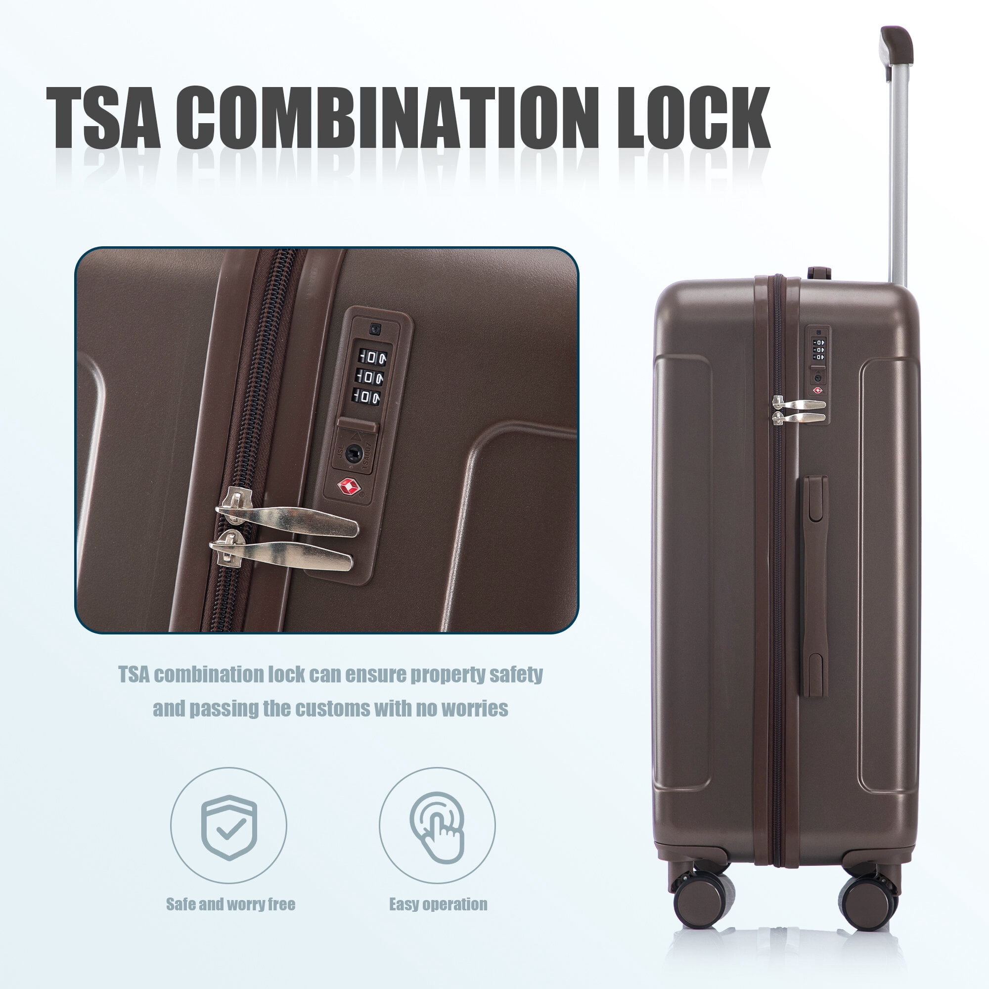 Hardside Suitcase, 20"/24"/28" 3 pcs/set in ABS Spinner Wheel Luggage, Carry on Suitcase, Matching Color, TSA Combination Lock (Brown), Brown Hardside Luggage,Abs Hardside Checked Luggage