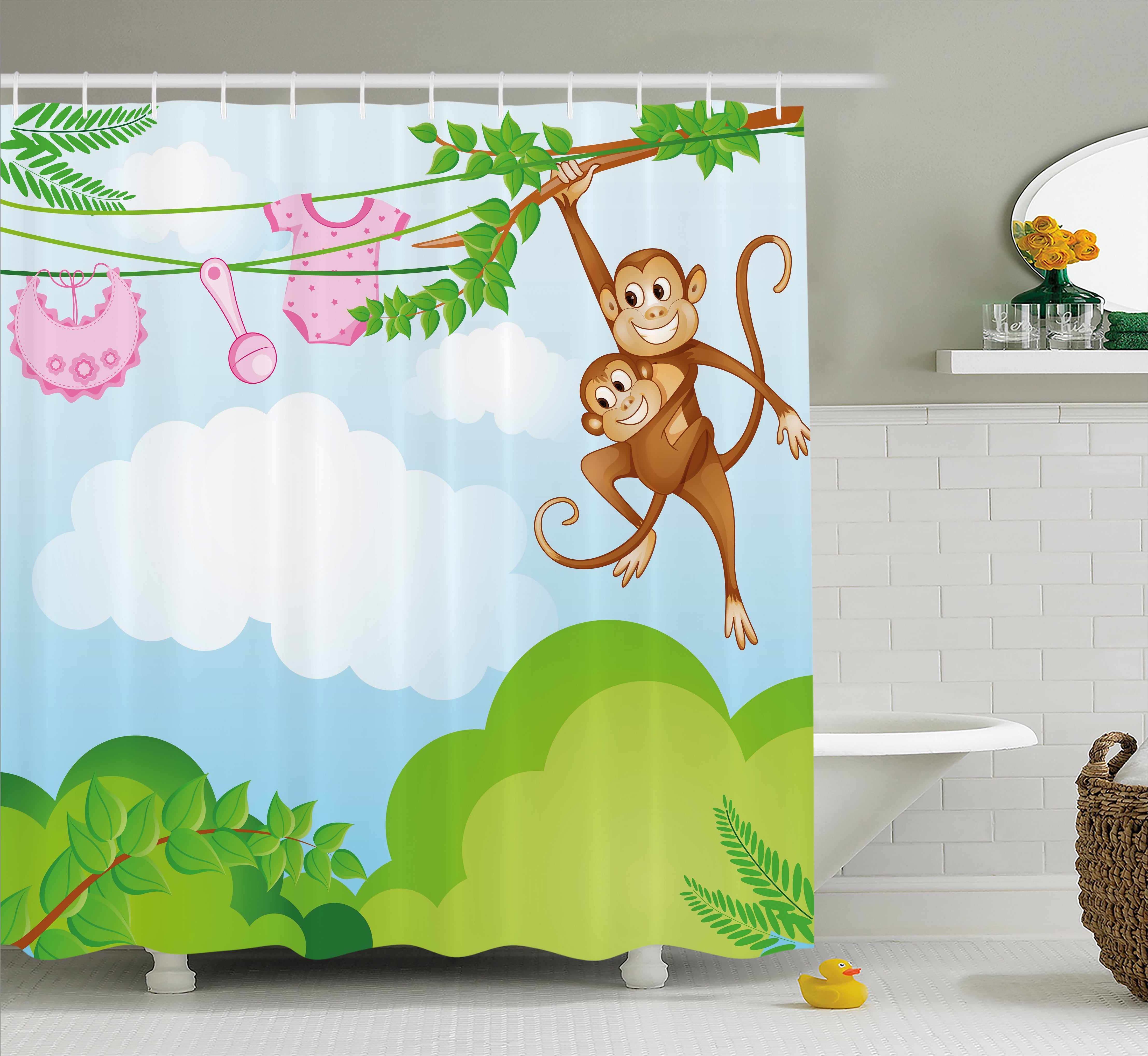 Nursery Shower Curtain, Monkey Swinging with the Kid Baby Clothes Chimpanzee Jungle Joy