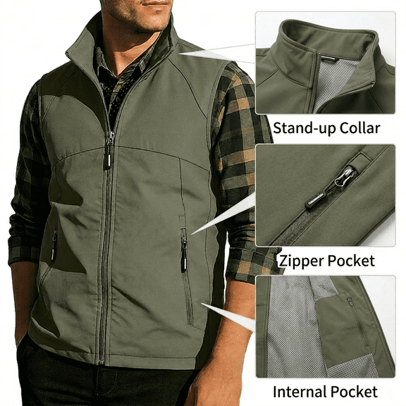 XUNKUSGA Vest for Men Lightweight Solid Color Stand Collar Sleeveless Jackets for Men Summer Utility Zip Up Vest Jacket with Zipper Pockets,Army Green,S